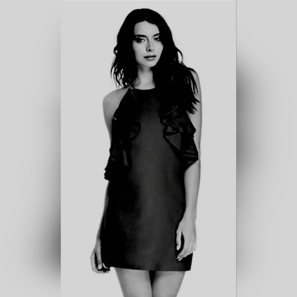 Vtg Cameo Black Mini Dress Womens Sm Ruffle Strappy Open Back Black Cocktail